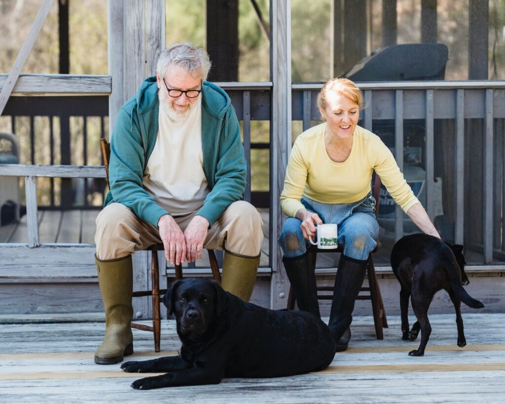personas mayores haciendo actividades al aire libre con mascotas perros